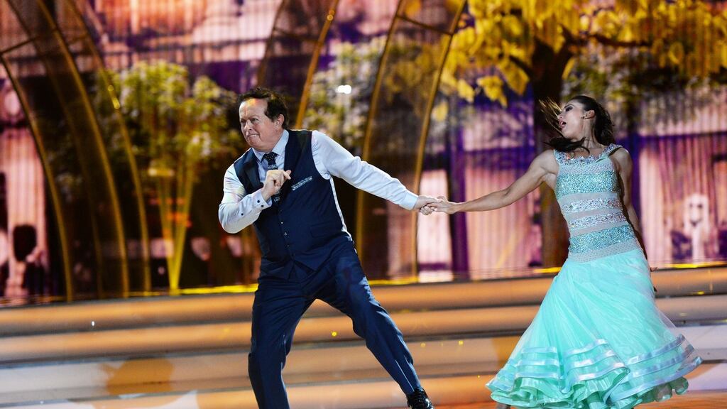 Marty Morrissey with Ksenia Zsikhotska dancing the quickstep during the first live show of RTÉ’s Dancing with the Stars. Photograph: Cyril Byrne