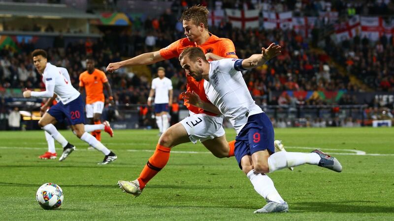 Matthijs de Ligt and Harry Kane during Holland’s Uefa Nations League win over England. Photograph: Jan Kruger/Getty
