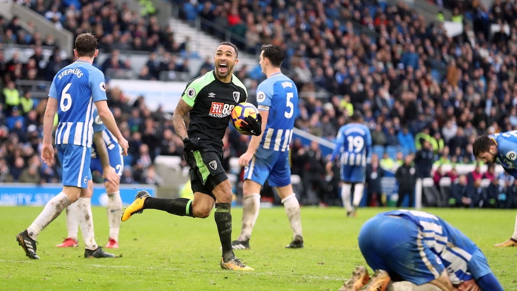 Bournemouth’s Callum Wilson celebrates scoring his side’s second goal during the Premier League match against Brighton at the Amex Stadium. Photograph: Adam Davy/PA Wire