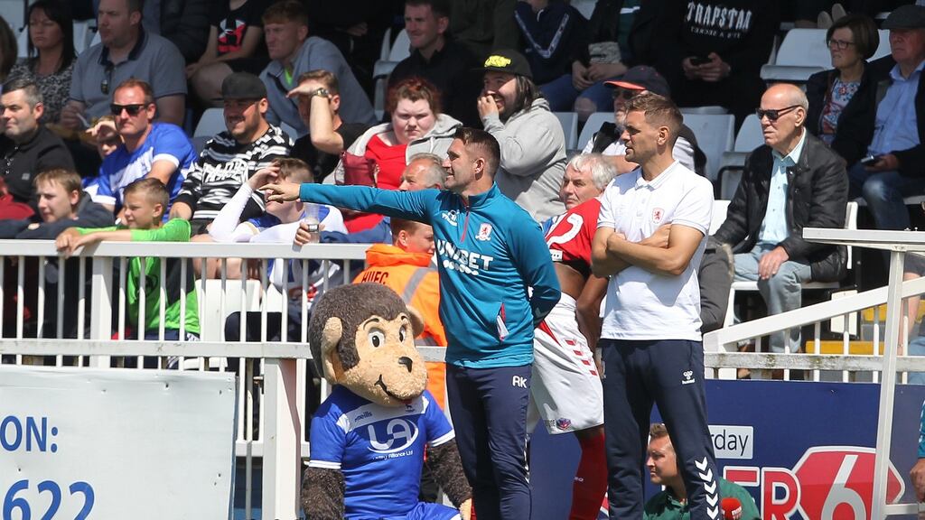 Middlesbrough’s Robbie Keane and Jonathan Woodgate during a pre-season friendly against Hartlepool United at Victoria Park, Hartlepool. Photograph: Mark Fletcher via Getty Images