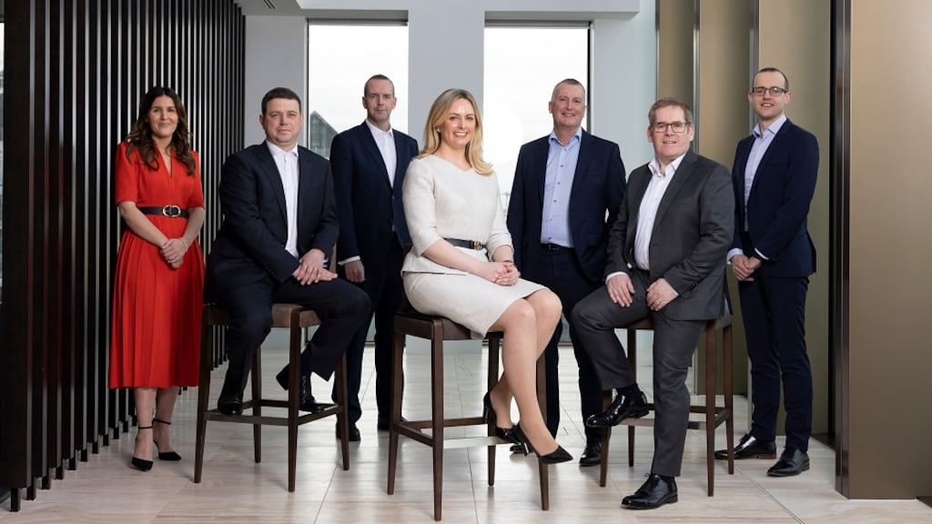 Pictured left to right: Bláithin O’Neill, Chris Rogers, Frankie Cronin, Louise Barry, Michael McAteer (managing partner), Alan Gourley, and Gavin Fitzpatrick