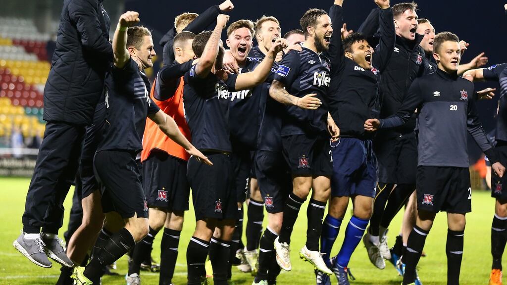 Dundalk players celebrate winning the SSE Airtricity League Premier Division last Friday. Photograph: Cathal Noonan/Inpho.