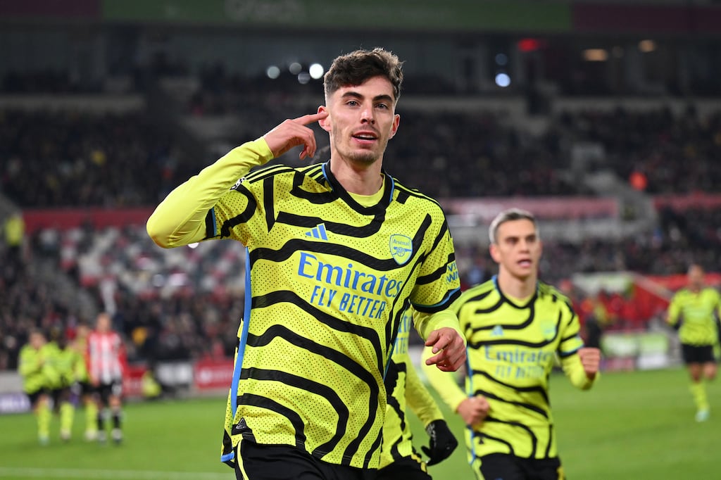Kai Havertz of Arsenal celebrates after scoring the team's first goal against Brentford. Photograph: Mike Hewitt/Getty