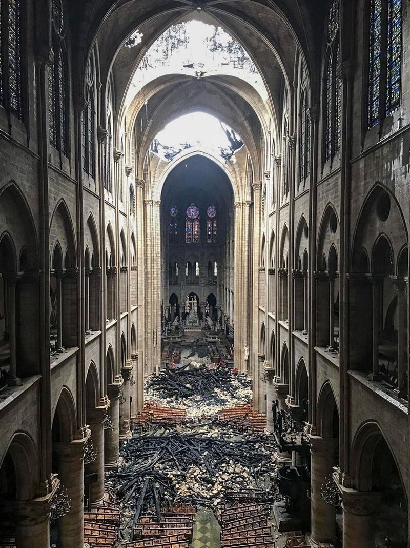 An interior view of Notre Dame Cathedral  in the aftermath of the fire that caused extensive damage. Photograph: AFP/Getty Images