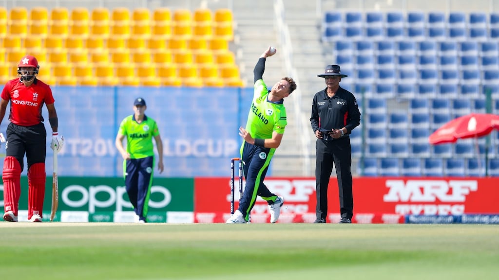 Ireland’s Mark Adair bowling during the T20 World Cup qualifier against Hong Kong at the Sheikh Zayed stadium in Abu Dhabi. Photograph: ICC
