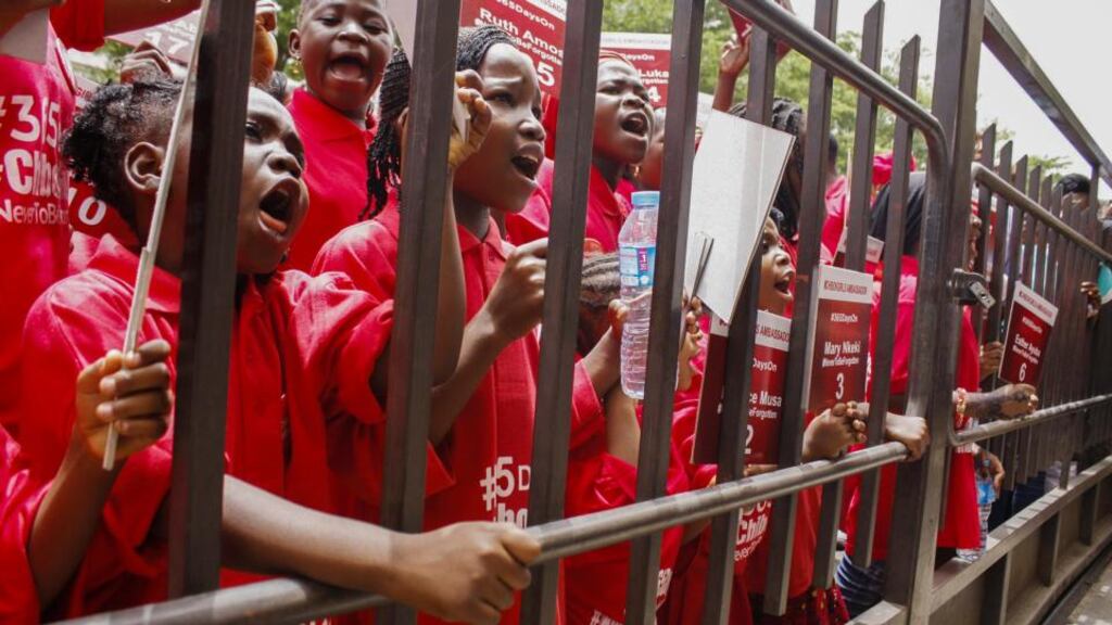 Nigerian children protesting outside the gate of the Nigerian Ministry of Education in Abuja earlier this month on the first anniversary of the kidnapping of hundreds of Nigerian school girls in Chibok, Abuja, Nigeria. Photograph: EPA/STR