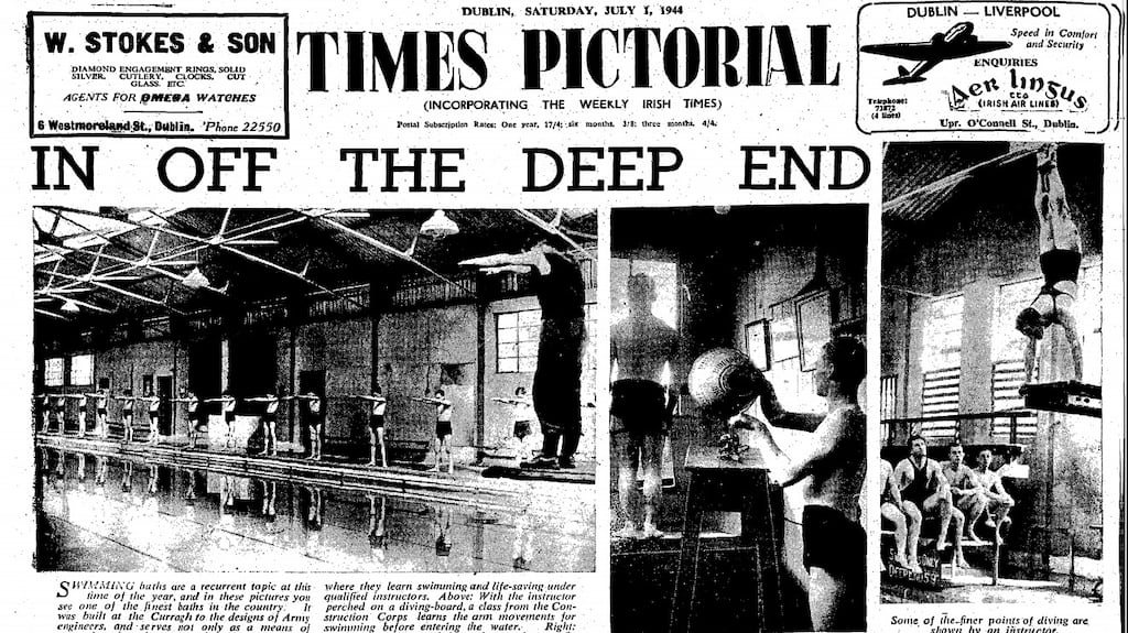 A 1944 feature about the Curragh Camp’s swimming baths shows soldiers using a ray lamp as part of their keep-fit regimes.