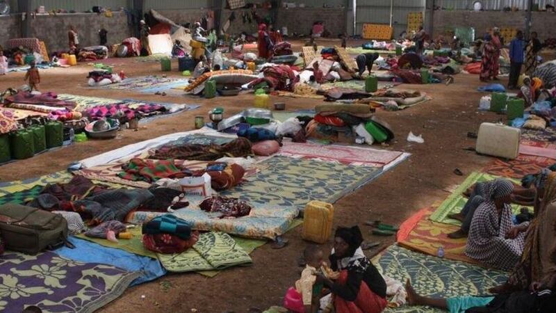 On the outskirts of Harar, an industrial park warehouse containing Oromo displaced by the violence. Photograph: James Jeffrey