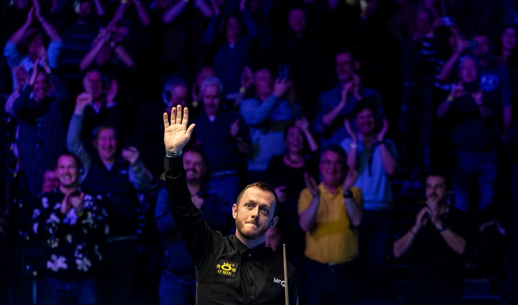 Mark Allen celebrates making a 147 in his Masters quarter-final match against Mark Selby. Photograph: Steven Paston/PA Wire