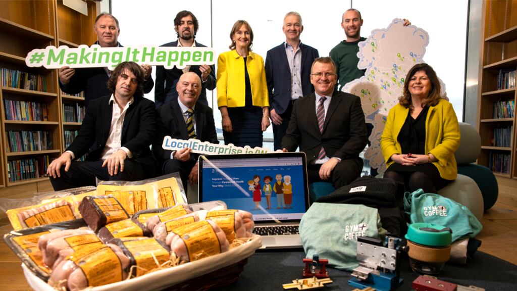 Back row: Carlow Toolmaking Services founder Pat Amond; Zendra Health co-founder Thomas Coleman; Eileen and Thomas Ashe of Annascaul Black Pudding; Gym + Coffee co-founder Diarmuid McSweeney; front row: Zendra Health co-founder David Coleman; Richard Murphy of Enterprise Ireland; LEO network chairman Oisín Geoghegan; and Dún Laoghaire- Rathdown County Council chief executive Philomena Poole at the launch of Local Enterprise Week. Photograph: Cathal Noonan