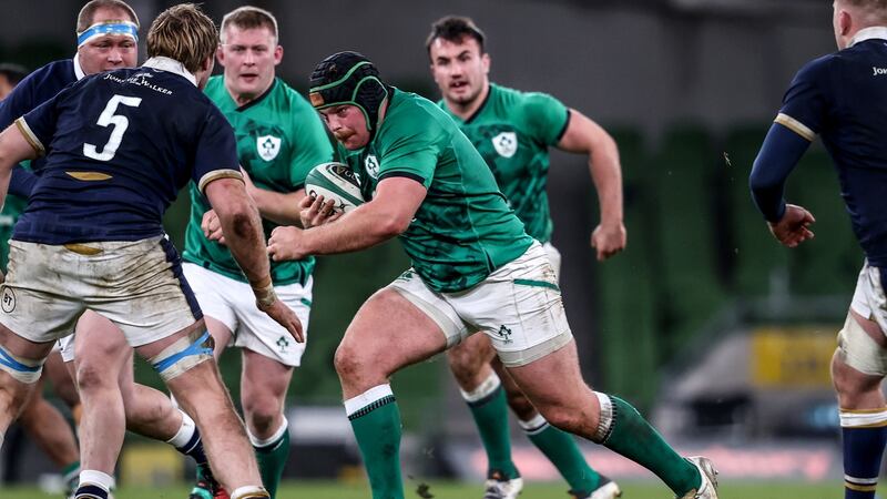 Eric O’Sullivan, on his Ireland debut, takes on Scotland at the Aviva Stadium. Photograph: Dan Sheridan/Inpho
