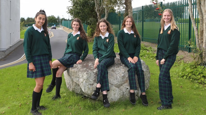 Fifth year Salerno Secondary School, Galway students wearing the newer trouser and older skirt school uniforms. From left: Ria Banerjee, Leah Ruane, Síofra McCormack, Cliodhna McDonald and Sarah Casserly. Photograph: Joe O’Shaughnessy