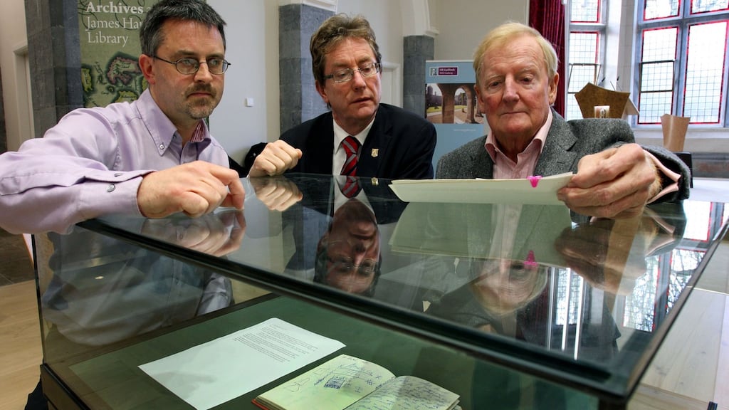 Brendan Duddy, right, at the unveiling at NUI Galway of documents highlighting the secrecy involved in communications between the British government and IRA during the Troubles. Photograph: Joe O’Shaughnessy