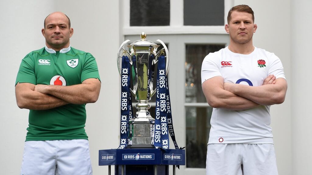 Ireland captain Rory Best and England captain Dylan Hartley next to the Six Nations trophy during the tournament launch at The Hurlingham Club in London. Photograph: Facundo Arrizabalaga/EPA