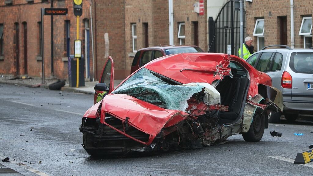 The crashed taxi on James’s Street, Dublin this morning. Photograph: Gareth Chaney/Collins