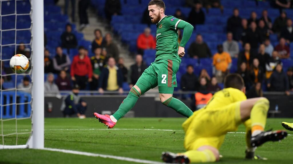 Matt Doherty of Wolverhampton Wanderers scores his team’s second goal during the Uefa Europa League round of 32 second leg match against Espanyol. Photo: David Ramos/Getty Images