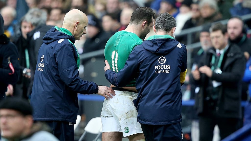 Ireland’s Dave Kearney goes off injured in Paris. Photograph: Dan Sheridan/Inpho