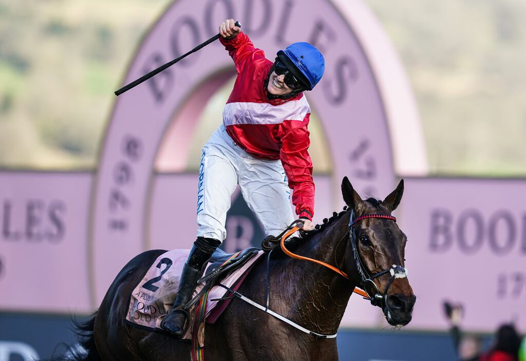 Jockey Rachael Blackmore celebrating on A Plus Tard after winning the Boodles Cheltenham Gold Cup last year. Photograph: David Davies/PA Wire