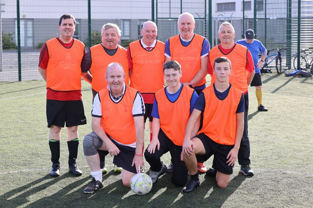 Back row from left; Brian Murphy, Kevin Moran, Martin Healy, Paul Hussey and Paul Walsh all members of the Men’s Shed, with front row; Derek Reid, teacher at St. Declan College, Cabra with TY students Mark Hanley and Daniel Kocik at Deaf Village Ireland, Cabra, Dublin. Photograph: Dara MacDonaill