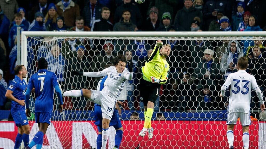 Leicester City’s Kasper Schmeichel in action against FC Copenhagen during the Champions League Group G match at the Telia Parken stadium. Photograph: Andrew Couldridge/Action Images via Reuters/Livepic