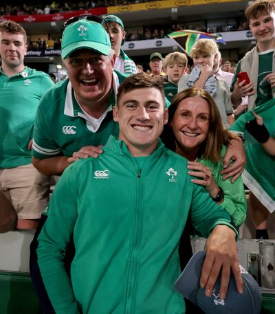 Dan Sheehan with parents Barry and Sinead in South Africa last year. Photograph: Dan Sheridan/Inpho