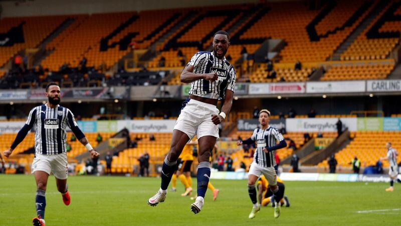 West Bromwich Albion’s Semi Ajayi celebrates scoring his side’s equaliser against Wolves. Photograph: Adrian Dennis/PA