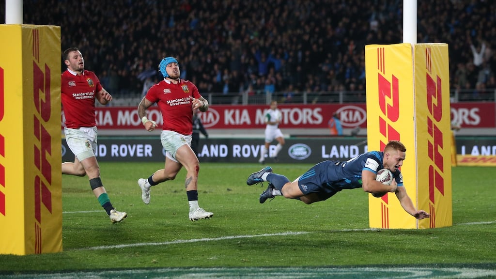 Blues’ Ihaia West scores the winning try against the British & Irish Lions at Eden Park in Auckland. Photograph: Peter Meecham/Inpho/Photosport