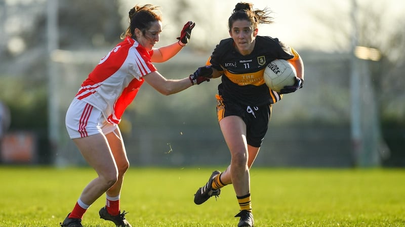 Ciara O’Sullivan of Mourneabbey in action against Lisa Gannon of Kilkerrin-Clonberne during the All-Ireland Ladies Senior Club Football Championship semi-final at Clonberne Sports Field. Photograph: Eóin Noonan/Sportsfile