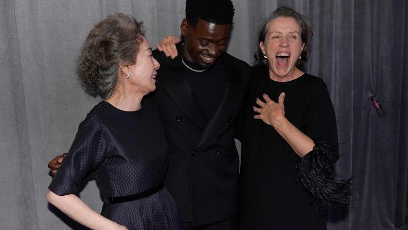 Acting winners Yuh-Jung Youn (left), Daniel Kaluuya and Frances McDormand at Union Station in Los Angeles. Photograph: Chris Pizzello/AFP