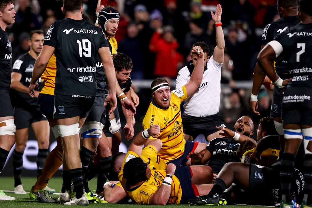Ulster's Rob Herring celebrates after Nick Timoney scores their teams fourth try. Photograph: Ben Brady/Inpho