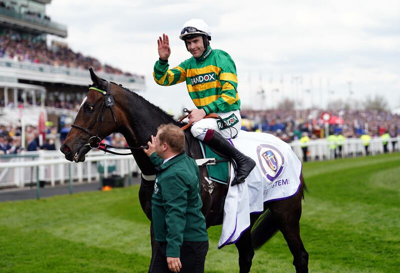 Jonbon and jockey Aidan Coleman after winning the EFT Systems Maghull Novices' Chase on day three of the Randox Grand National Festival at Aintree Racecourse. Photograph: David Davies/The Jockey Club/PA