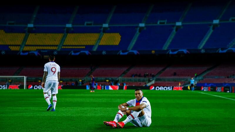 PSG’s Kylian Mbappe celebrates after scoring during his side’s rout of Barcelona. Photograph: Joan Monfort/AP