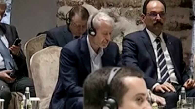 Roman Abramovich, center, listens to Turkish president Recep Tayyip Erdogan during the Russian and Ukrainian delegations meeting for talks in Istanbul, Turkey. Photograph: Turkish Presidency/ AP