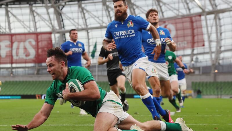 Hugo Keenan in action during his debut against Italy. Photograph: Brian Lawless/EPA