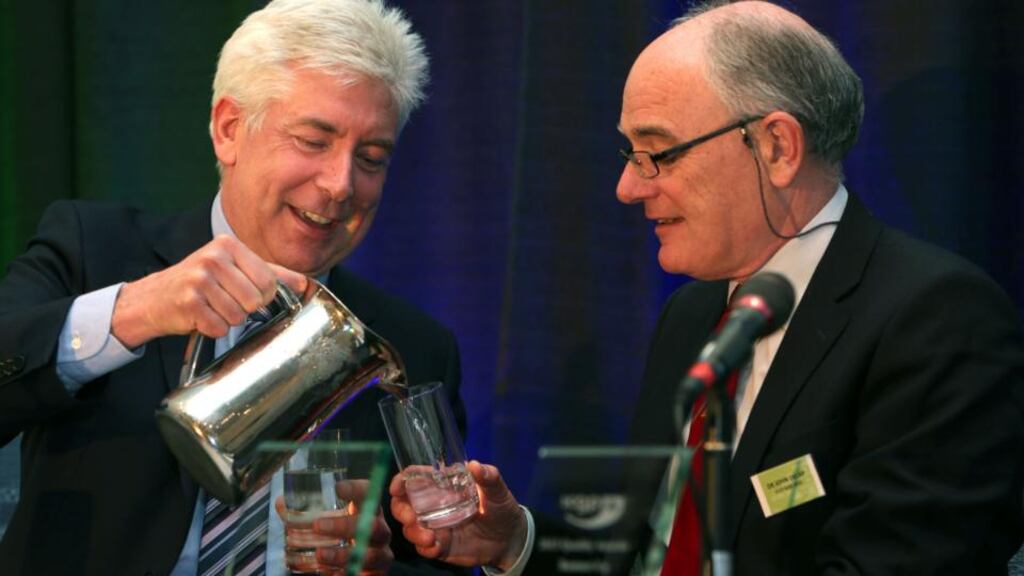 Minister of State for Primary Care Alex White pours a glass of water for Irish College of General Practitioners chairman Dr John Delap during the organisation’s conference in Galway at the weekend. Photograph: Joe O’Shaughnessy.