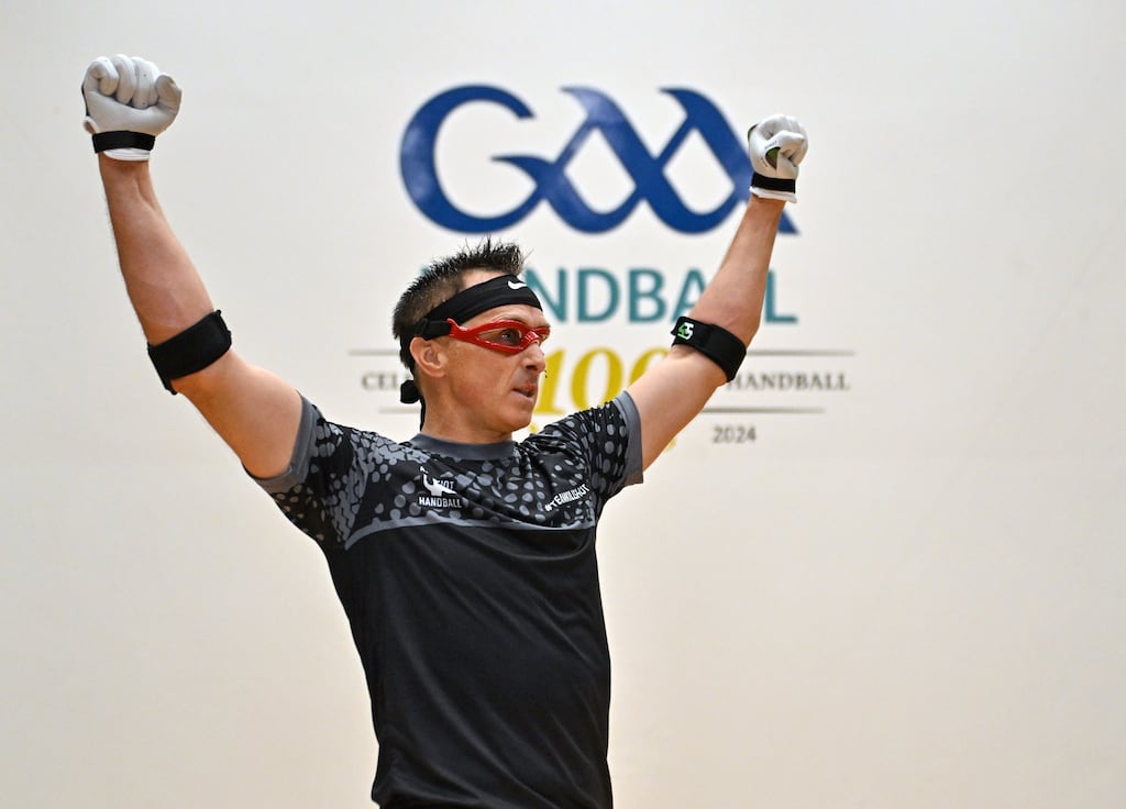 Cavan's Paul Brady celebrates after his victory in the open men's singles final over Clare's Diarmaid Nash in the O'Neills.com World 4-Wall Championships at Croke Park. Photograph: Stephen Marken/Sportsfile