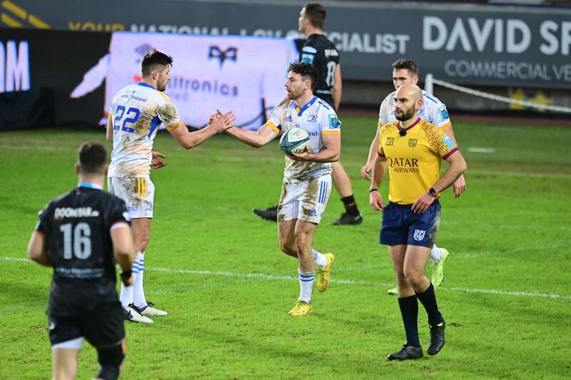 Hugo Keenan celebrates scoring Leinster's second try against Ospreys last week. Photograph: Ashley Crowden/Inpho