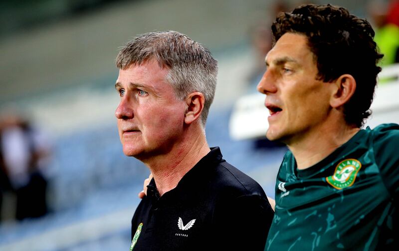 Ireland manager Stephen Kenny with assistant manager Keith Andrews during the qualifier against Gibraltar in Estadio Faro, Portugal. Photograph: Ryan Byrne/Inpho