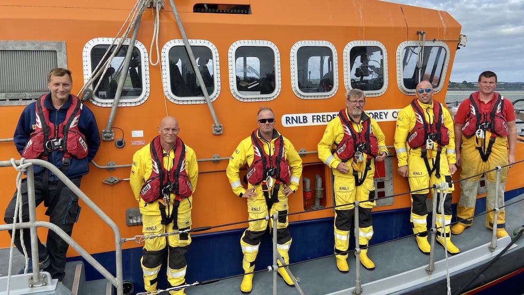 The RNLI Lifeboat crew members under Coxswain Sean O Farrell after they arrived back to base in Courtmacsherry.