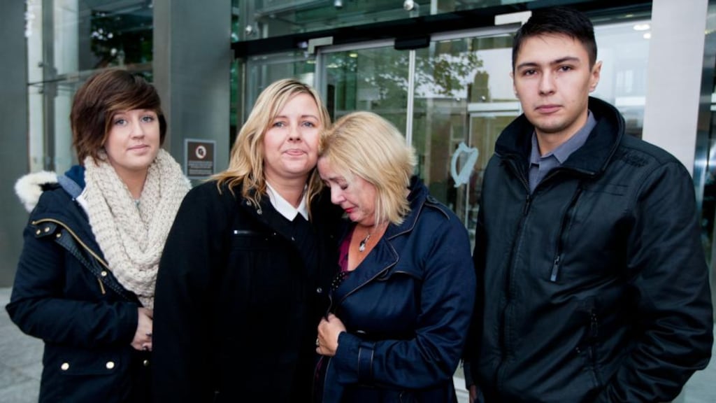 John Forrester’s relatives (from left): Stacey and Sharon Forrester, his stepmother Sheena Taylor and Jamie Forrester outside court yesterday. Photograph: Courtpix