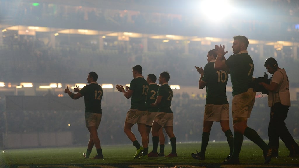 Ireland celebrate after their 13-9 victory over England at the Aviva Stadium on Saturday. Photograph: Dara Mac Dónaill