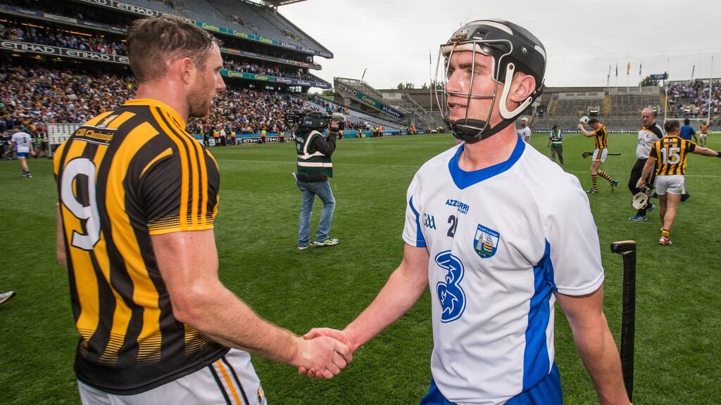 Kilkenny’s Michael Fennelly and Pauric Mahony of Waterford shake hands after last Sunday’s thrilling drawn semi-final. Photograph: Cathal Noonan/Inpho