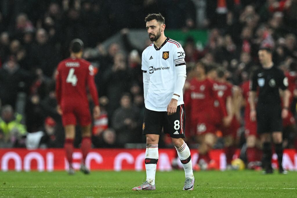 Manchester United's Bruno Fernandes during his team's 7-0 defeat to Liverpool. Photograph: Getty Images
