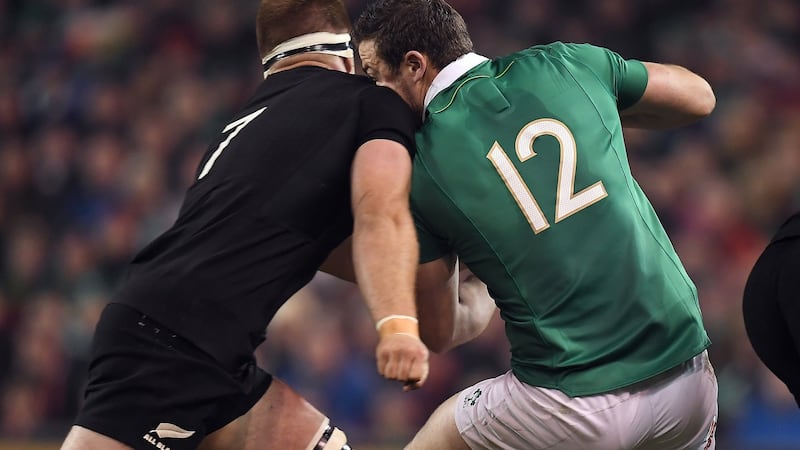 Ireland’s Robbie Henshaw is high-tackled by Sam Cane of New Zealand at the Aviva Stadium in Dublin in November 2016. Henshaw had to be carried off the pitch on a stretcher. Cane was neither yellow-carded nor sent off. Photograph: Brendan Moran/Sportsfile via Getty Images