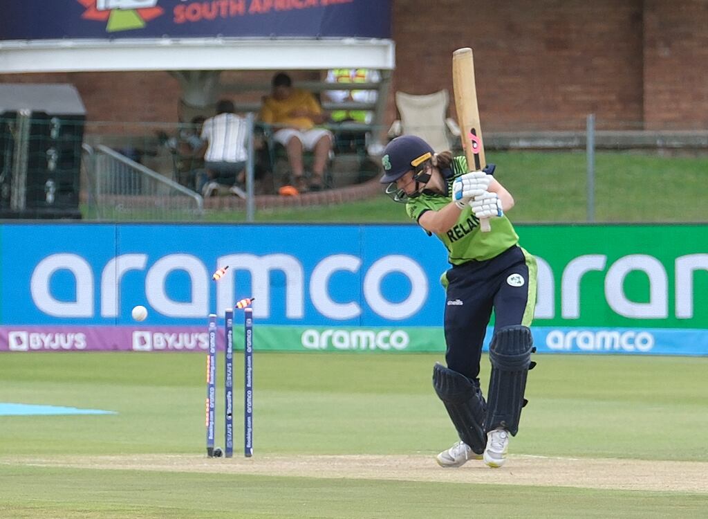 Ireland's Orla Prendergast is bowled during the T20 World Cup match against India at St George's Park in Gqeberha. Photograph: Michael Sheehan/AFP via Getty Images