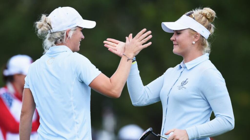 Melissa Reid and Charley Hull of team Europe celebrate winning their match during the morning foursomes in the Solheim Cup at St Leon-Rot Golf Club. Photograph: Stuart Franklin/Getty Images