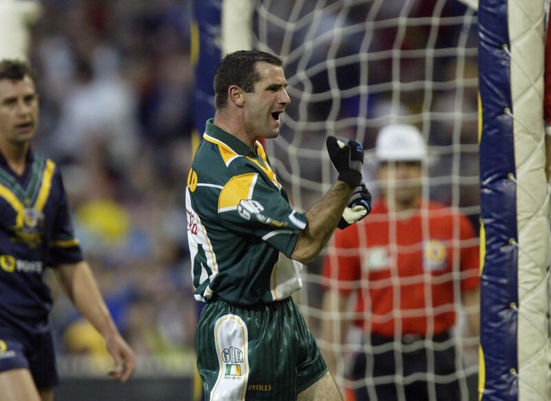 Steven McDonnell celebrates scoring for Ireland during the second test against Australia in 2003. Photograph: Billy Stickland/Inpho