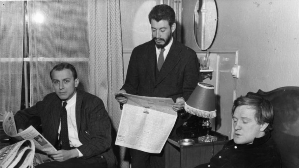 Producer Philip Wiseman, author / playwright J P Donleavy and Richard Harris, who played The Ginger Man, in the Gaiety Theatre, Dublin in 1959. Photograph: Dermot Barry