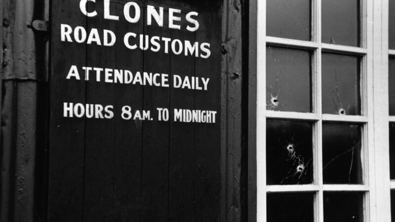 The Clones Road customs post showing bullet holes in the window and door. Photograph: Charles Hewitt/Picture Post/Getty Images