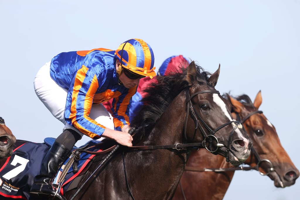 Auguste Rodin and Ryan Moore winning the Irish Champion Chase ahead of Luxembourg ridden by Seamie Heffernan. Photograph: Bryan Keane/Inpho